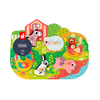 Glade Bondegård træpuslespil med 6 brikker børnepuslespil +1 år fra Janod