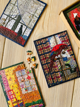 4 x Vintage Homes minipuslespil med 99 brikker fra Penny Puzzle